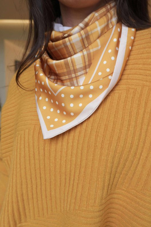 Plaid & Polka Border Triangle Silk Neckerchief Dijon